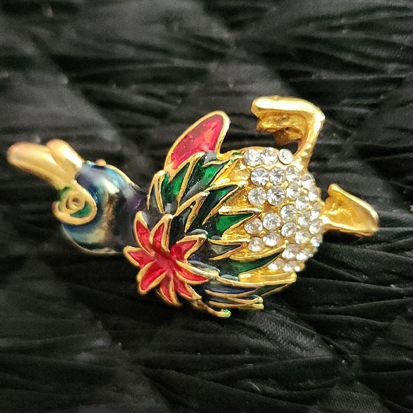 Cute Vintage penguin with red poinsettia. Rhinestones. - Picture 10 of 11